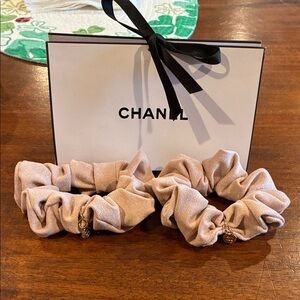 CHANEL Light Beige Fabric Scrunchie Duo with Logo Charms